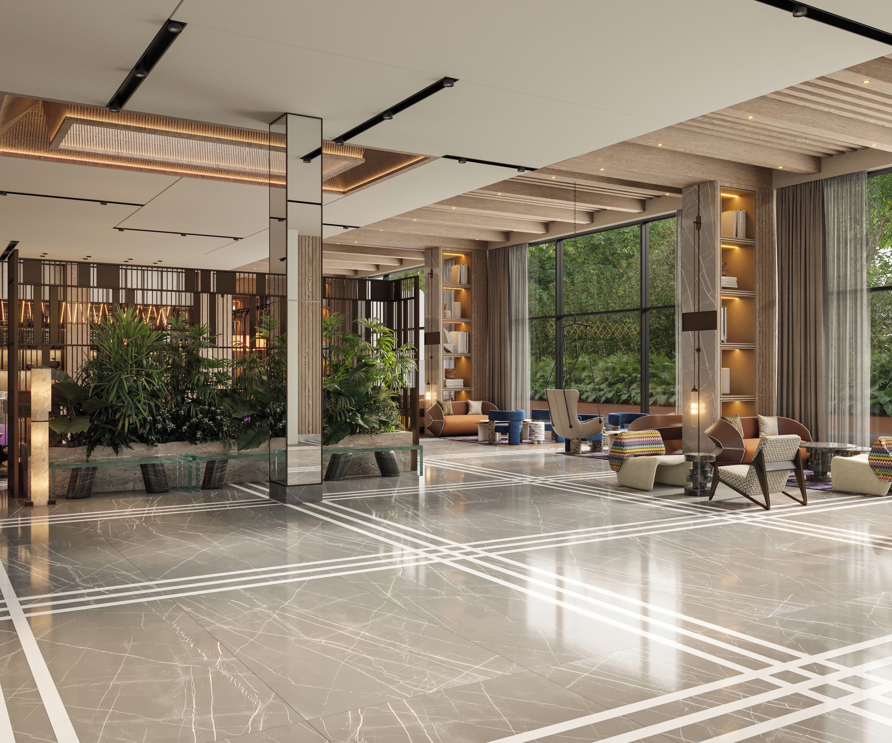 A spacious lobby with a marble floor, seating area, large windows, and indoor plants.