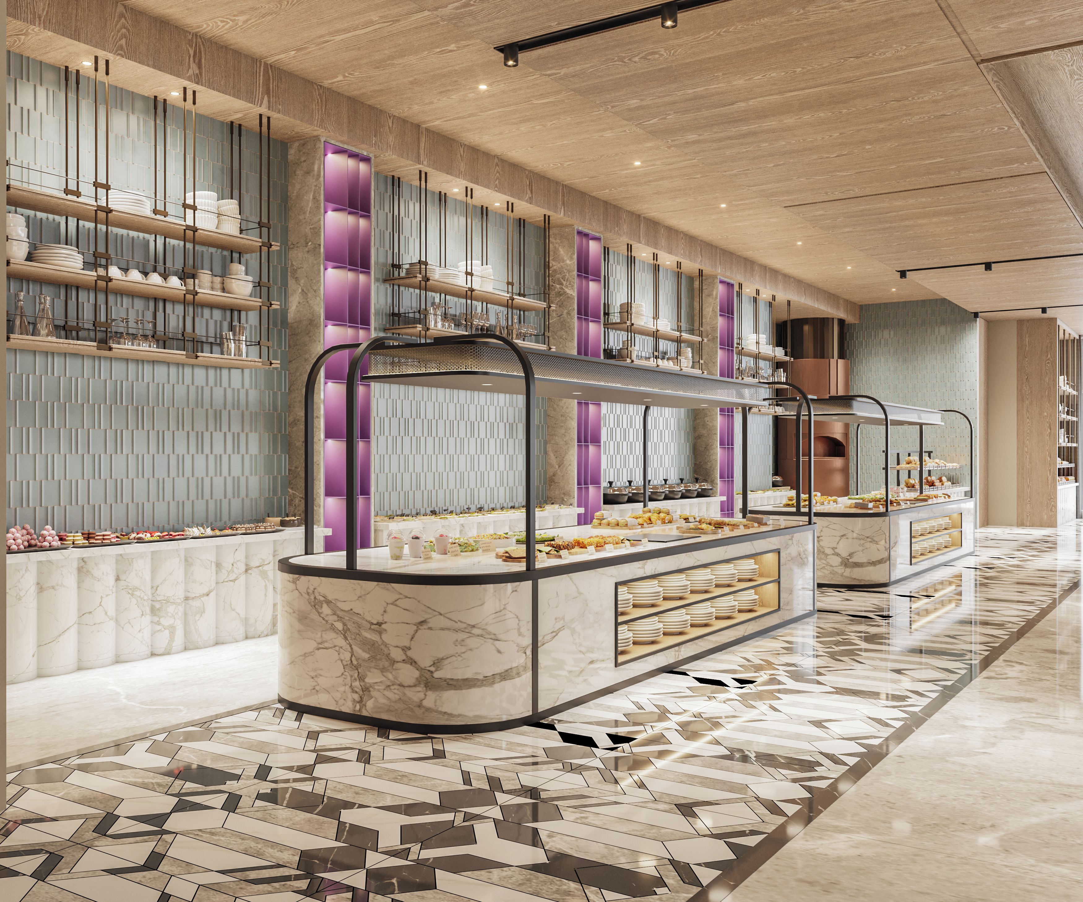 Un buffet moderne avec des comptoirs en marbre et un sol orné de motifs géométriques.