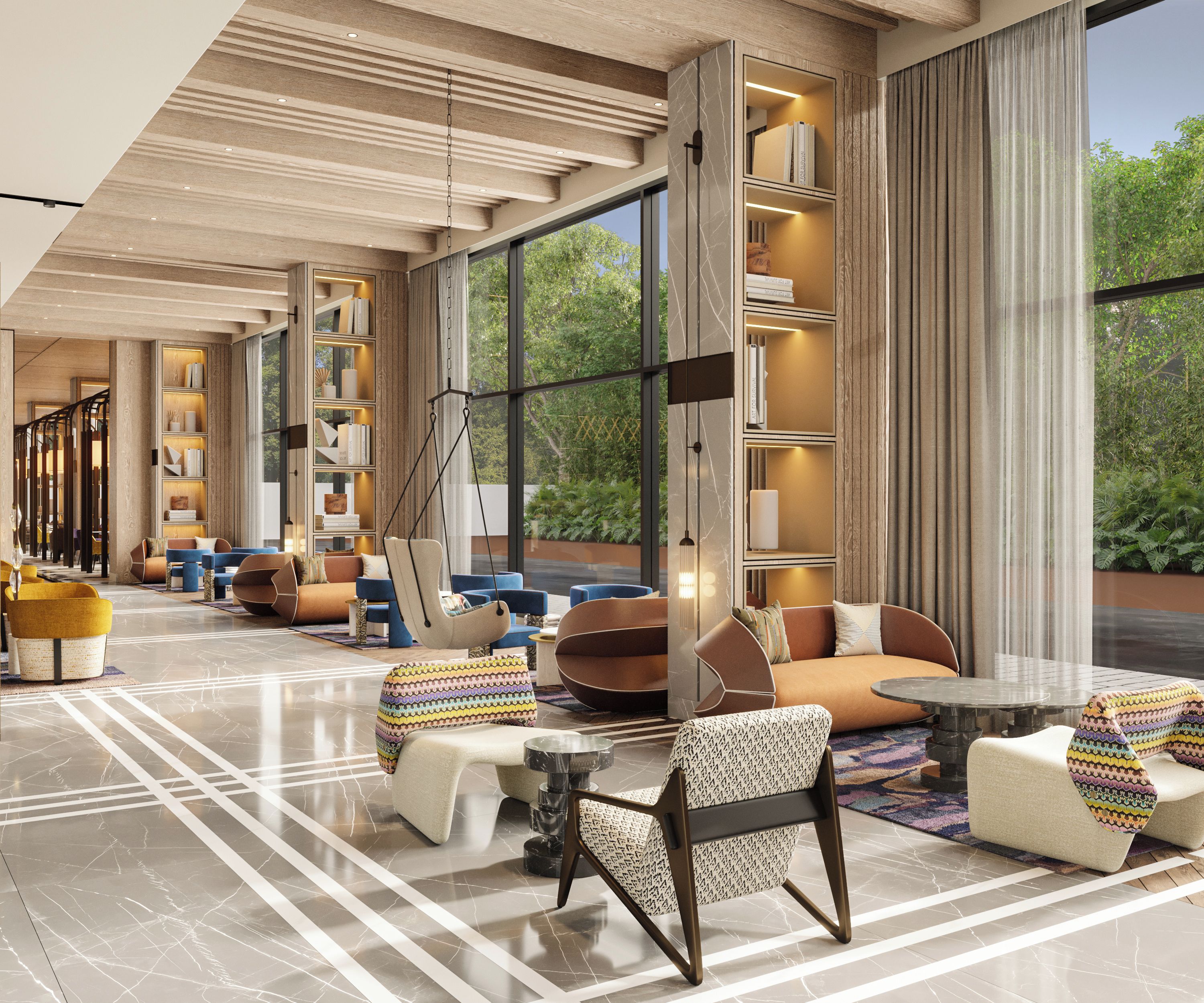 A spacious lounge area with modern furniture, large windows, and a view of greenery outside.