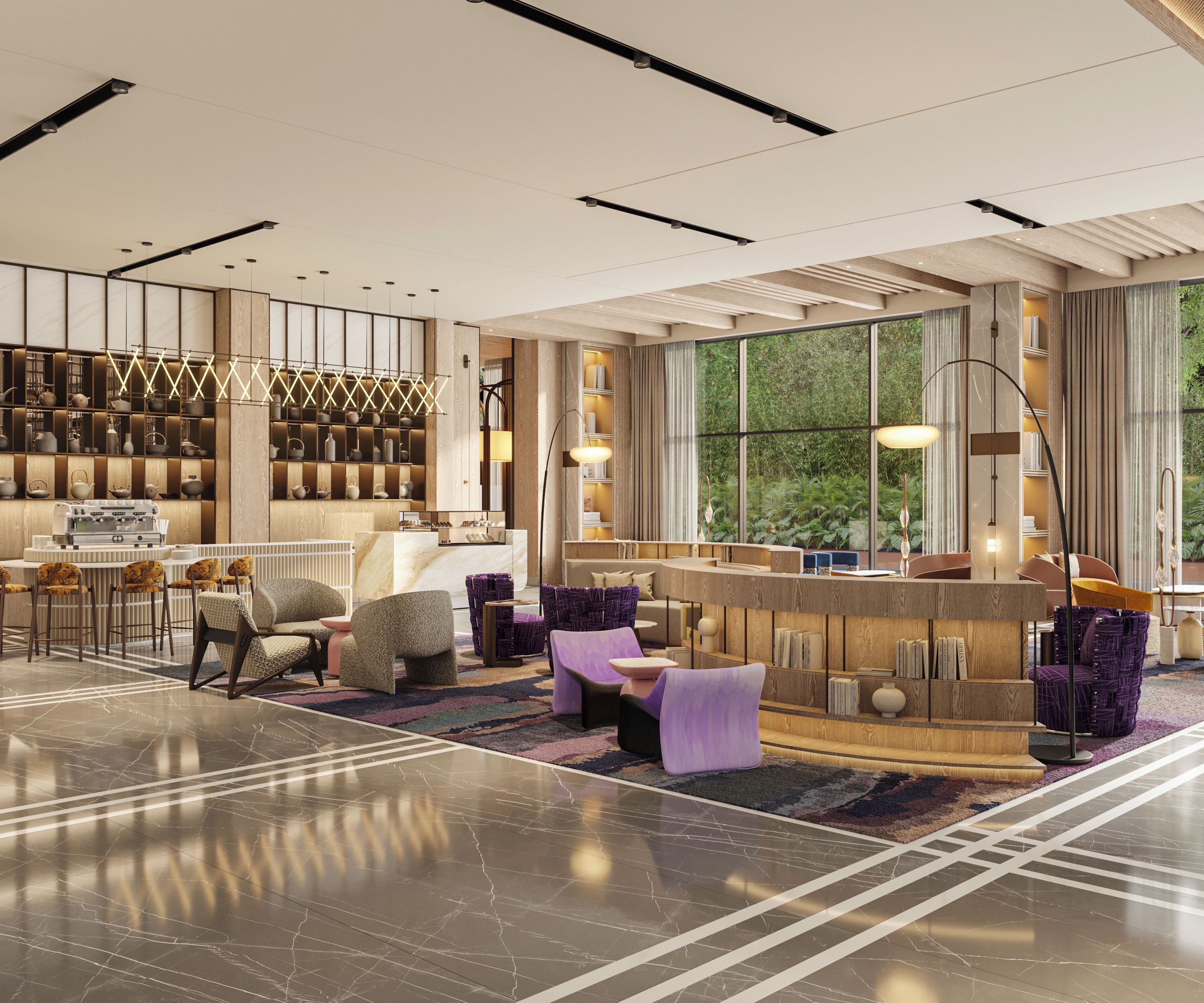 A modern hotel lobby with a bar area, seating, and a large window offering a view of greenery.