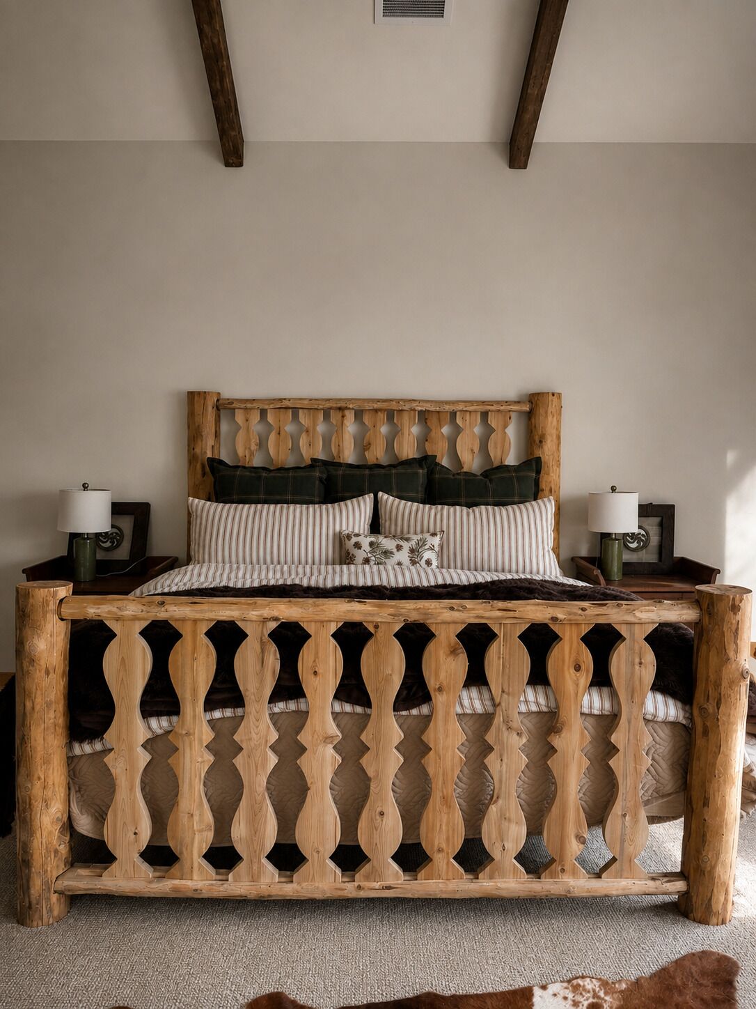 Una cama con cabecera y marco decorativos de madera. Hay dos mesitas de noche con lámparas.
