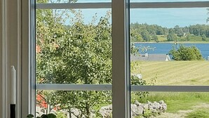 Ett fönster med utsikt över en gräsyta och en vattenyta.