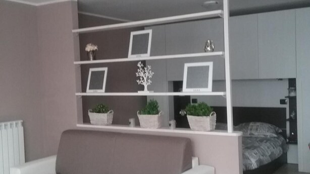 A modern bedroom with a bed, a white sofa, and a built-in shelving unit with potted plants.