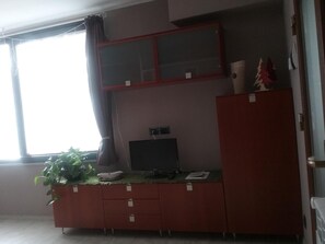 A room with a desk, a computer, a window with curtains, and a small plant.