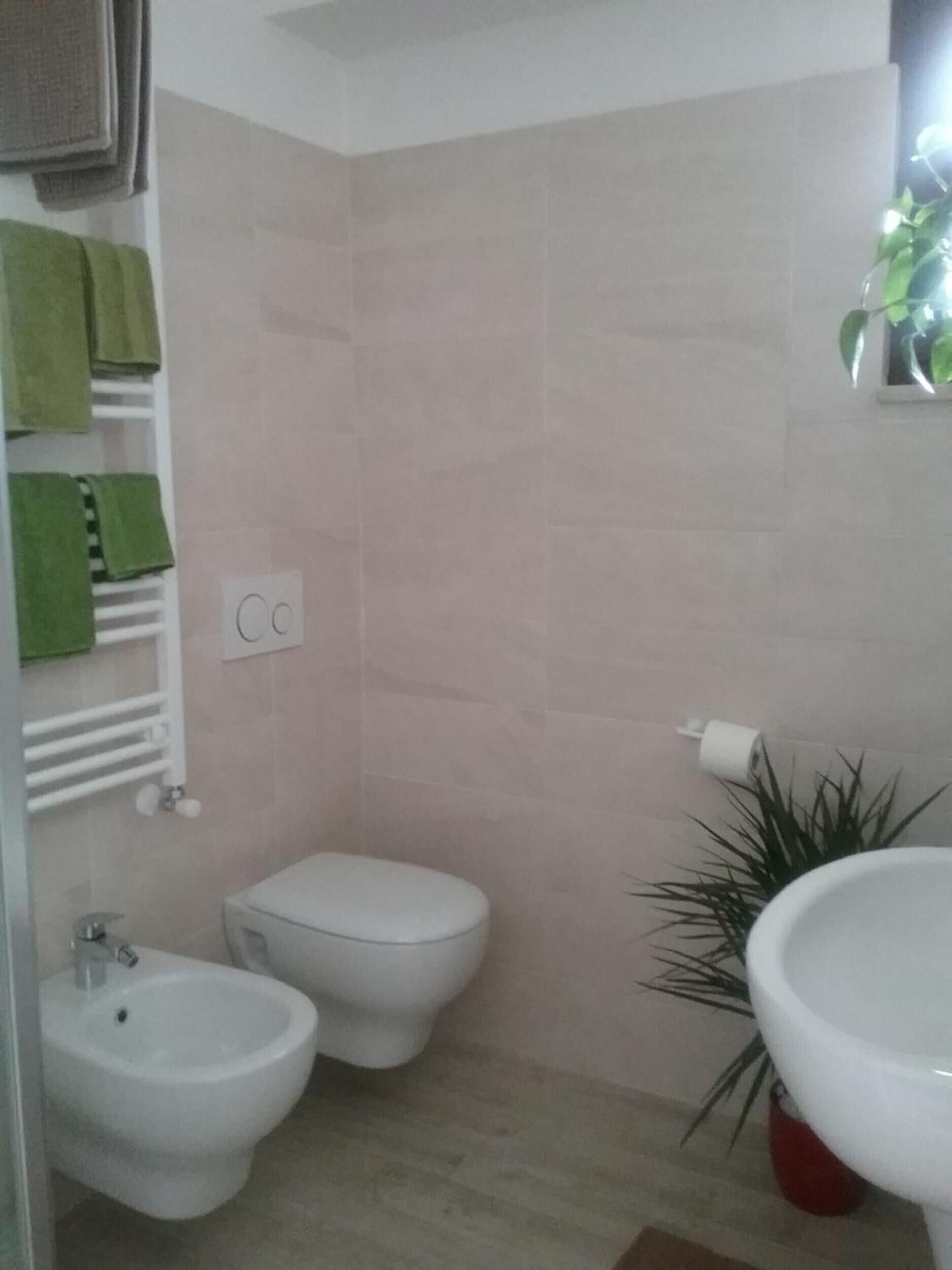 Ein kleines Badezimmer mit Toilette, Bidet und Waschbecken.