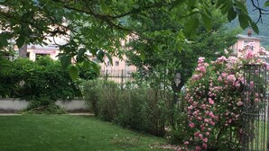 A well-maintained garden with a lawn, a metal fence, and a variety of flowering plants.