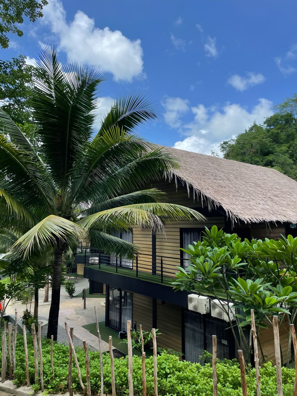 A building with a thatched roof, surrounded by greenery and palm trees.