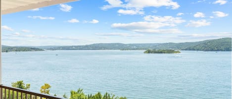 A view of a lake with a small island, a clear sky, and a balcony railing.