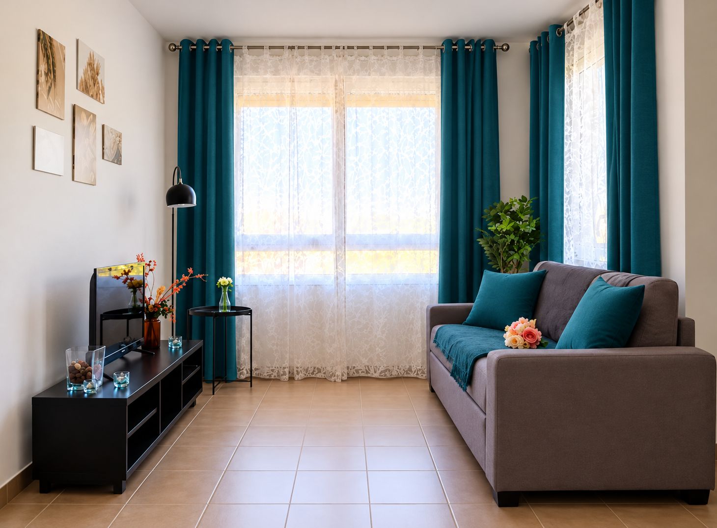 A living room with a sofa, a side table, a lamp, and a window with curtains.
