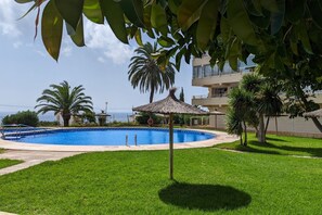 Ein Pool mit einem Reetdachschirm, umgeben von Gras und Palmen, mit einem Gebäude im Hintergrund.