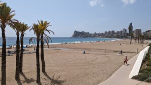 A beach with palm trees, a promenade, and a cityscape in the background. - PINTOR SOROLLA elegant apartment (Benidorm)