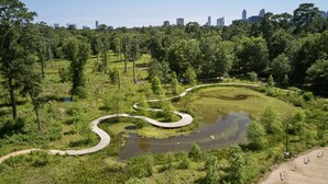 Een park met een kronkelend pad, een vijver en een stadsachtergrond.
