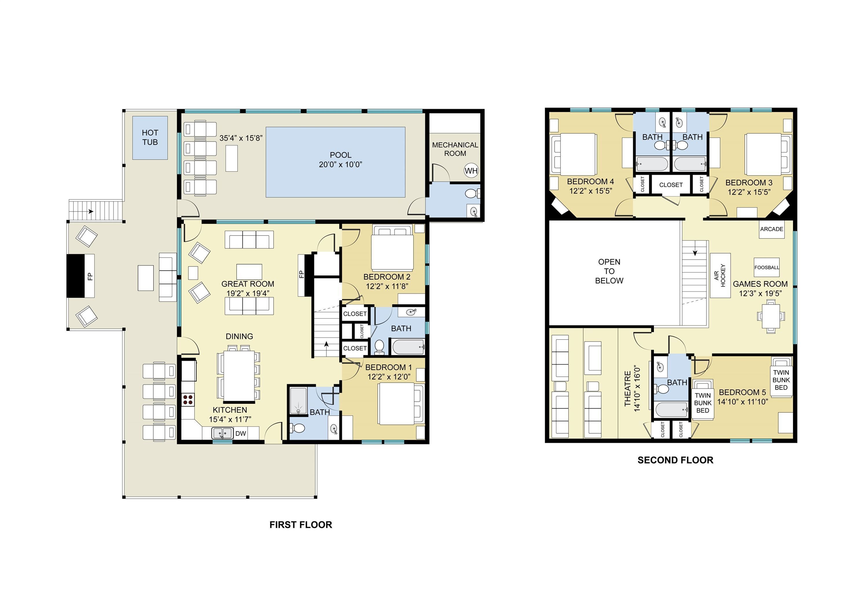 A hotel floor plan with a pool, dining area, kitchen, and multiple bedrooms.
