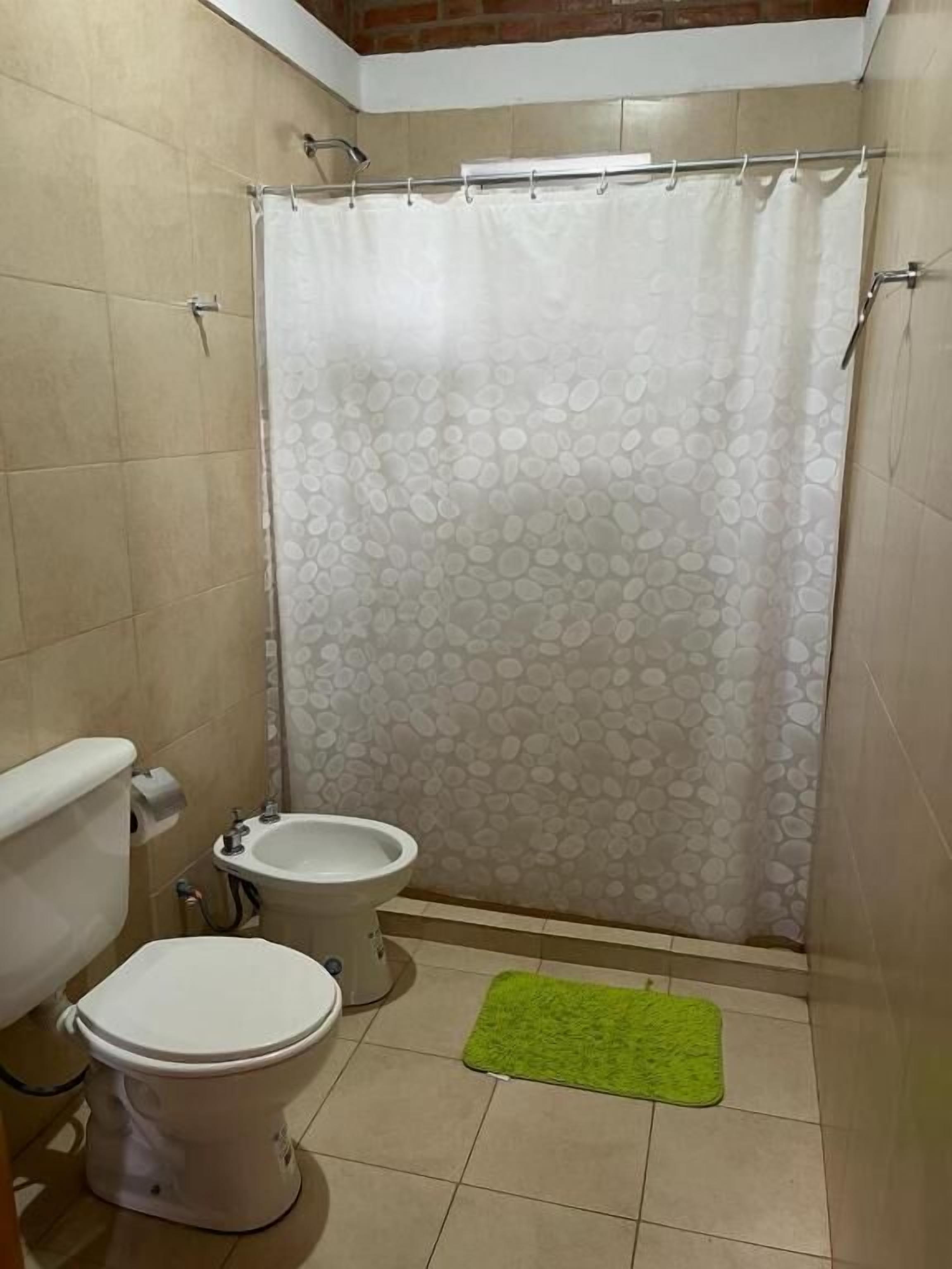 Un baño con inodoro, bidé y cortina de ducha.