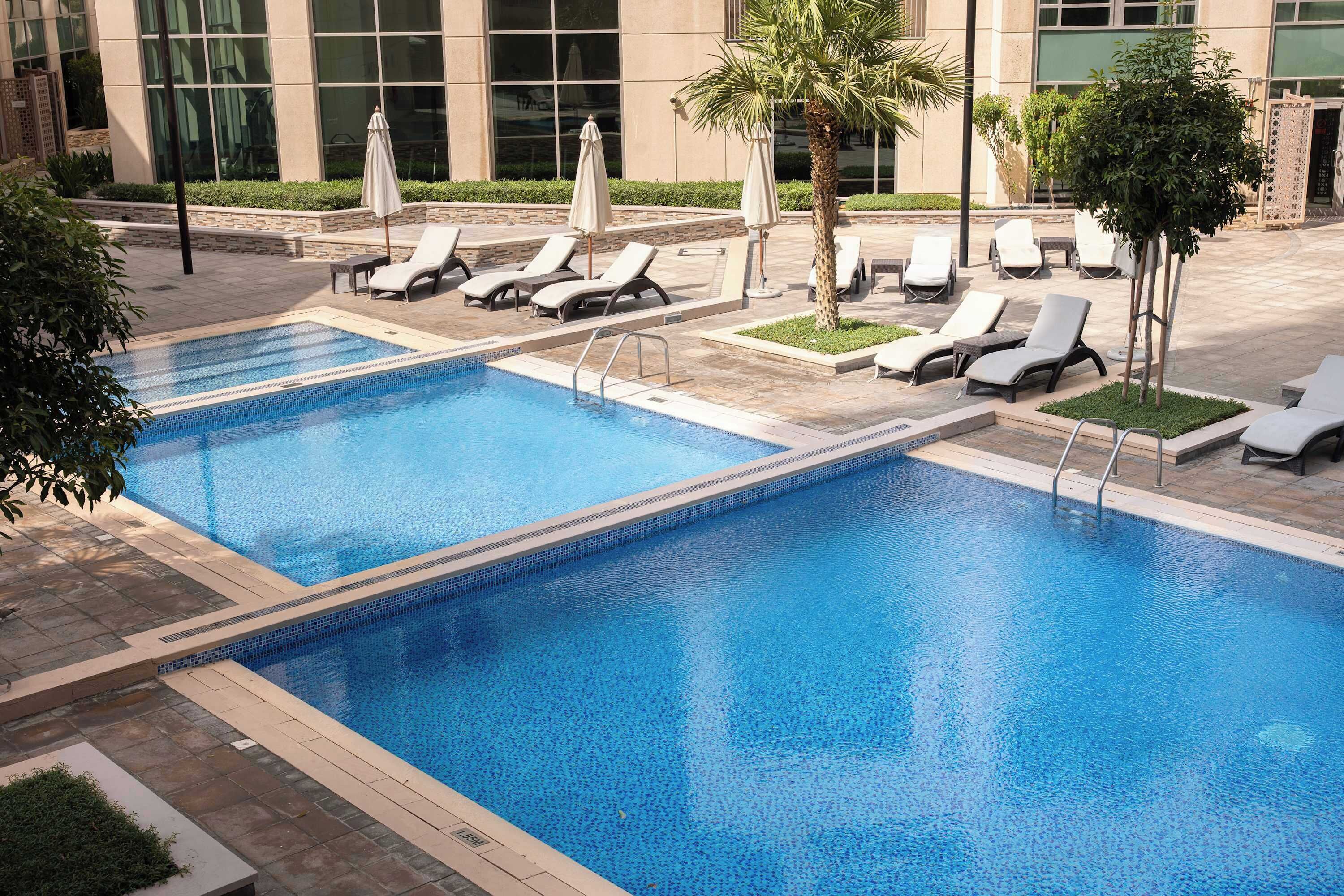 A pool area with multiple lounge chairs and a palm tree.