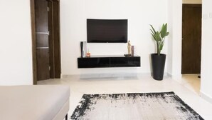 A modern living room with a flat-screen TV mounted on a black console, a large potted plant, and a textured rug. - FEYINTOLA SHORTLET APARTMENT (Ondo)