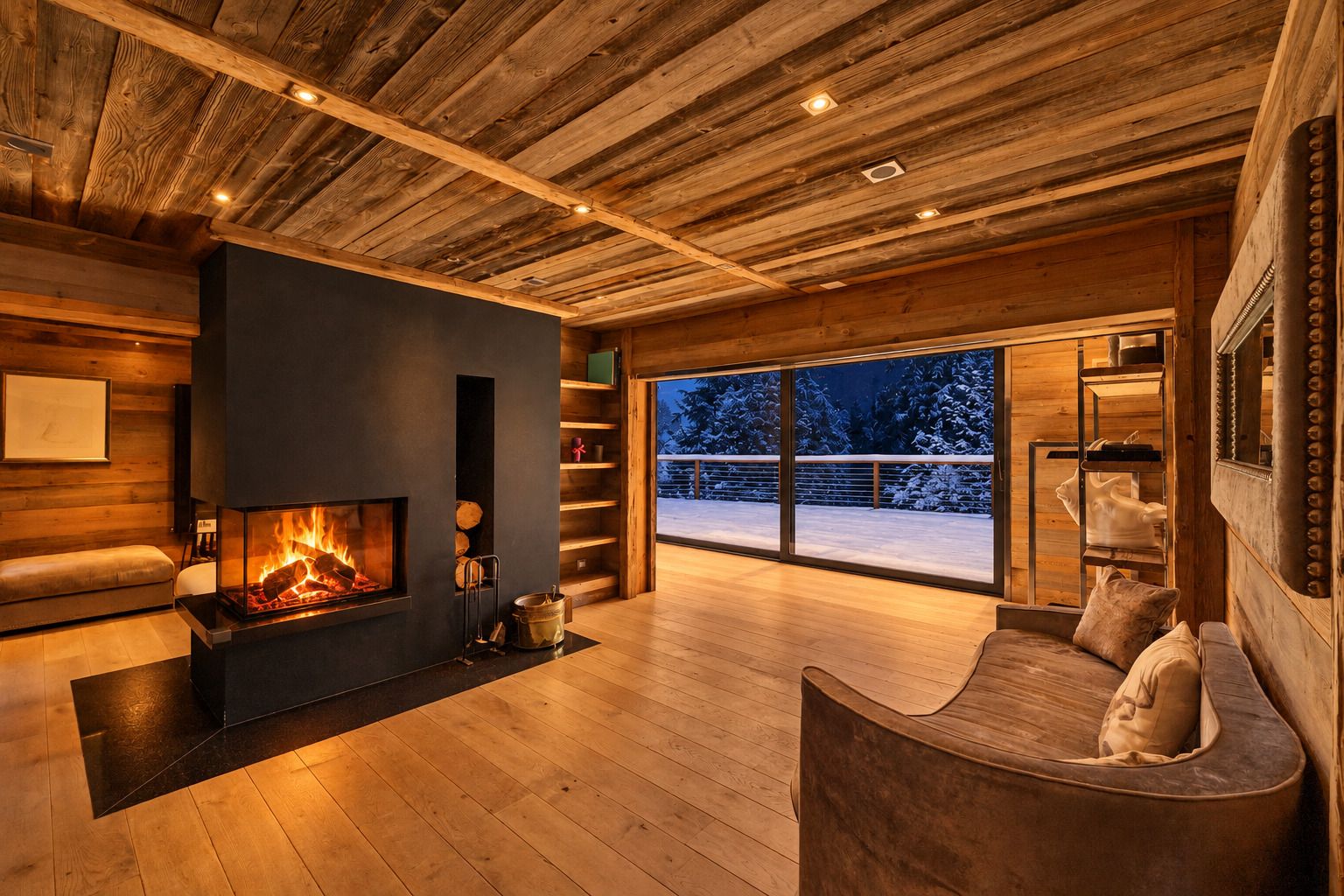 A cozy room with a fireplace, wooden walls, a large window with a snowy view, and a seating area.