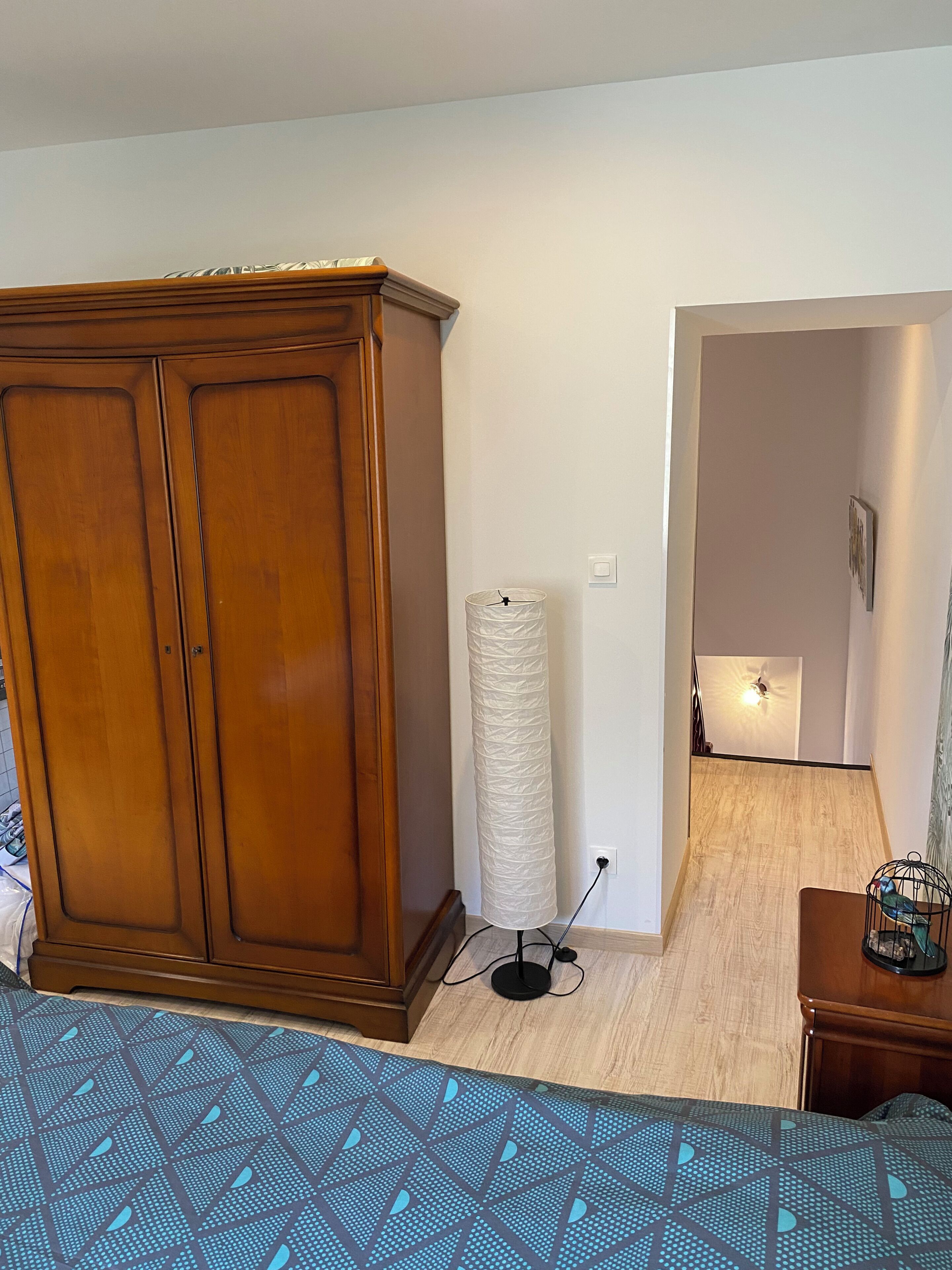 A room with a wooden wardrobe, a standing lamp, a patterned rug, and a birdcage on a small table.