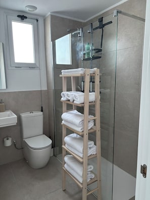 Douche, sèche-cheveux, serviettes fournies, savon