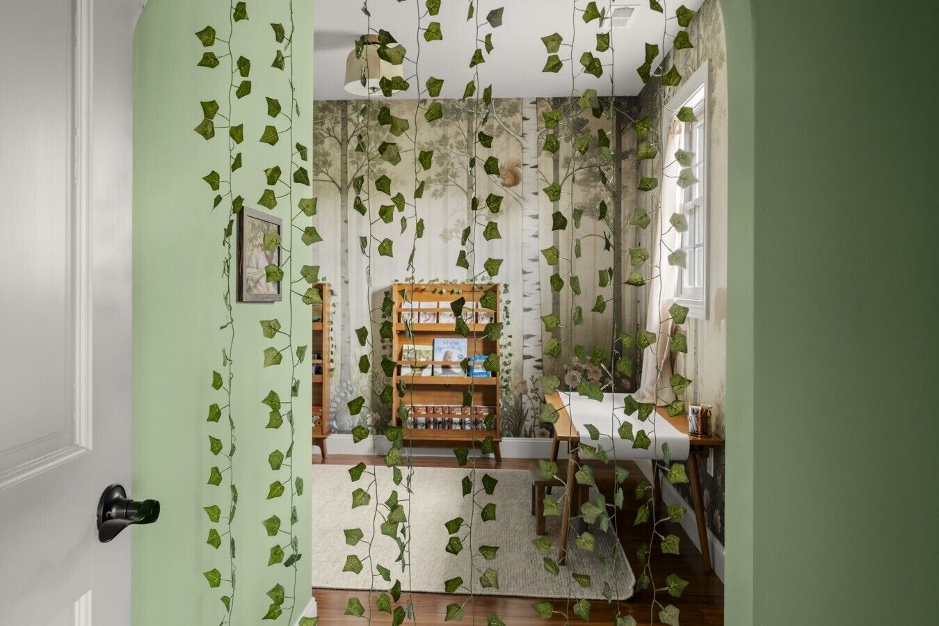 Une pièce avec un mur vert, une bibliothèque en bois et une table à manger avec des chaises.