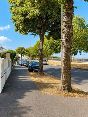 Une rue bordée d’arbres, avec des voitures garées et un trottoir.