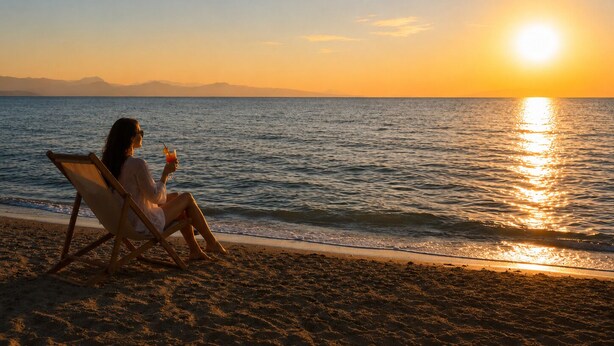 A person sitting on a beach chair facing the ocean at sunset. - Lake Sevan Private Cottage with Yard (Shoghakat)