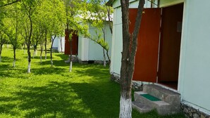 A row of green-roofed buildings with a grassy lawn and trees. - Lake Sevan Private Cottage with Yard (Shoghakat)
