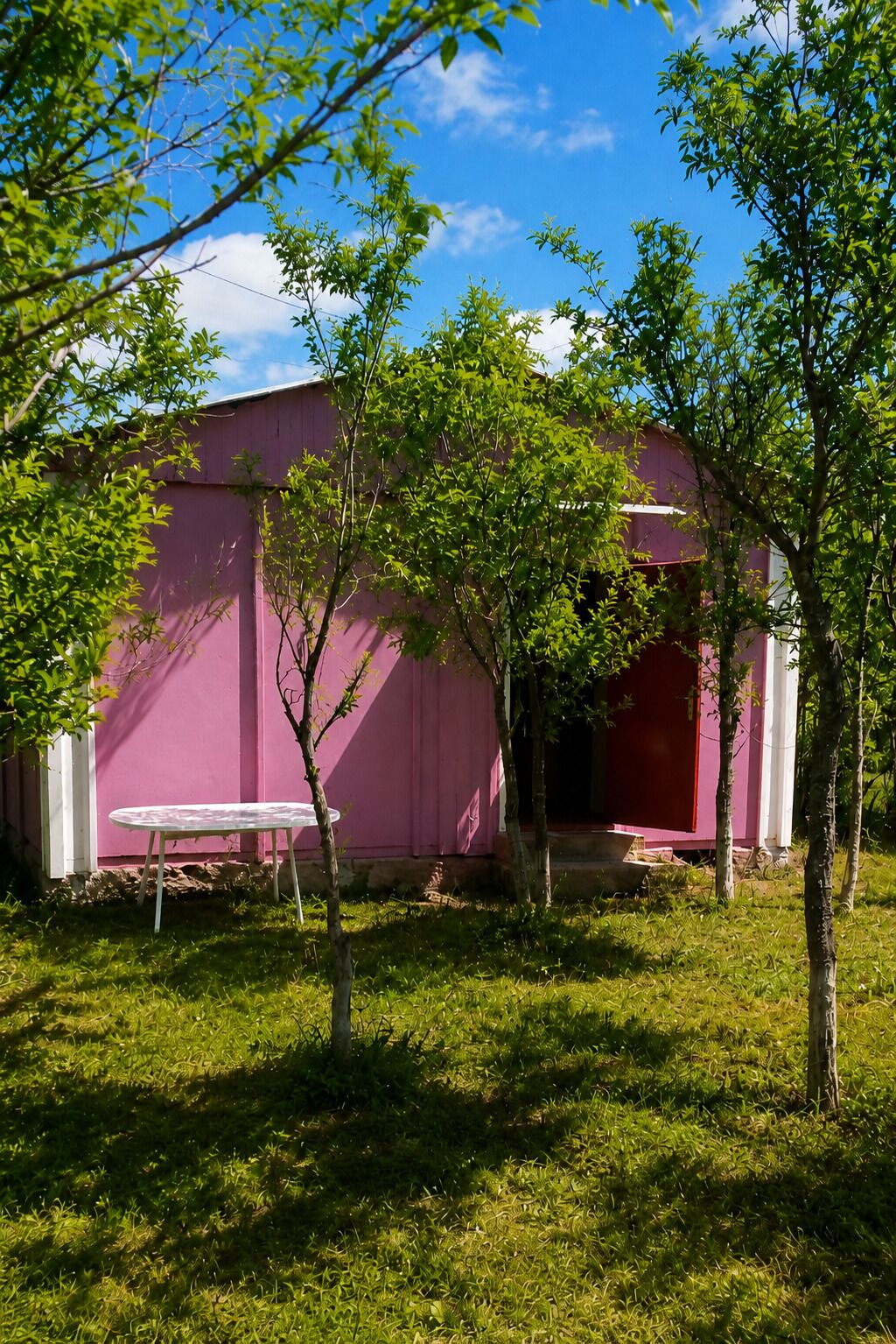 A pink building with a white table and a tree in front.
