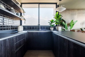A modern kitchen with dark cabinetry, a large window, and potted plants.