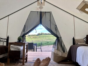 A tent with a bed, a table, and a chair. - Glamping Tent Rental for Farm Stay at a Working Ranch in Carbondale near Aspen and Maroon Bells, Colorado (Carbondale)