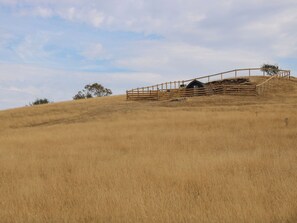 Ländliche Landschaft mit Holzzaun und einem kleinen Gebäude auf einem Hügel.