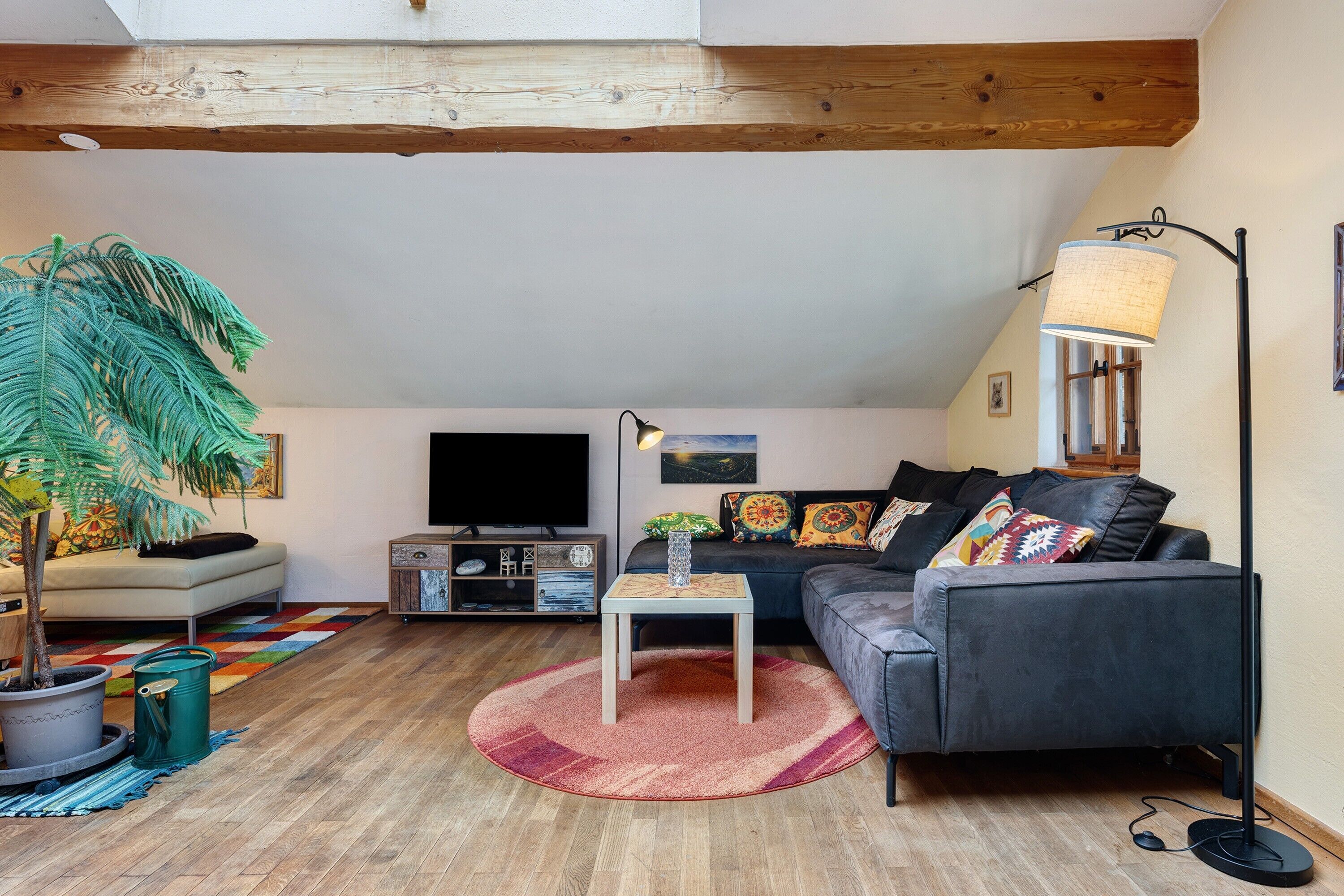 Ein gemütliches Wohnzimmer mit einer Couch, einem Fernseher und einer großen Pflanze.