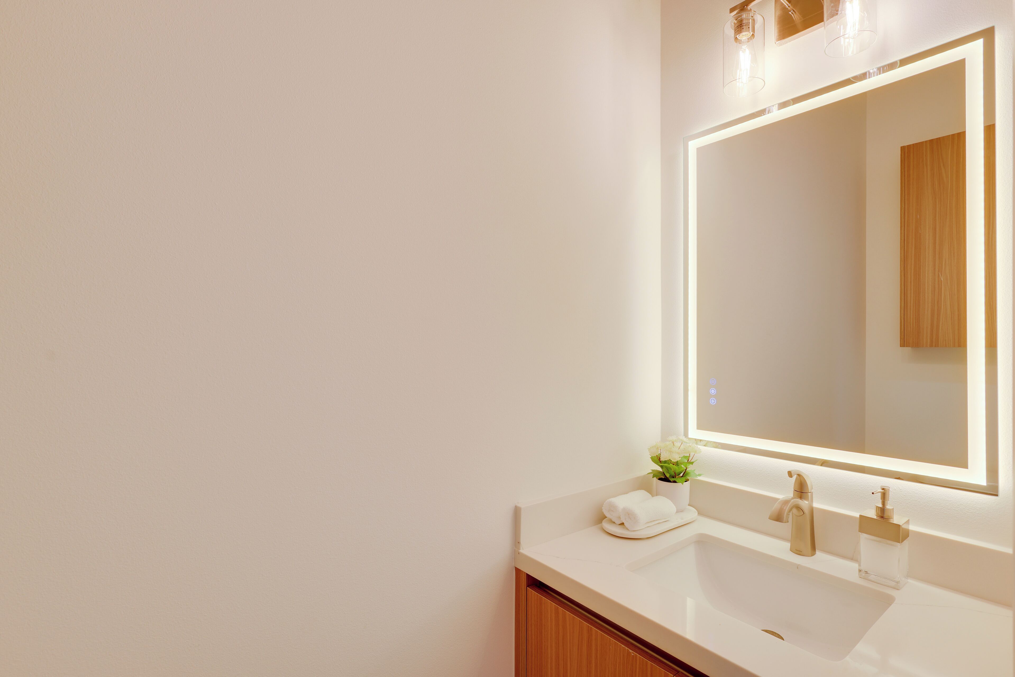 A modern bathroom with a large mirror, a sink, and a small plant.