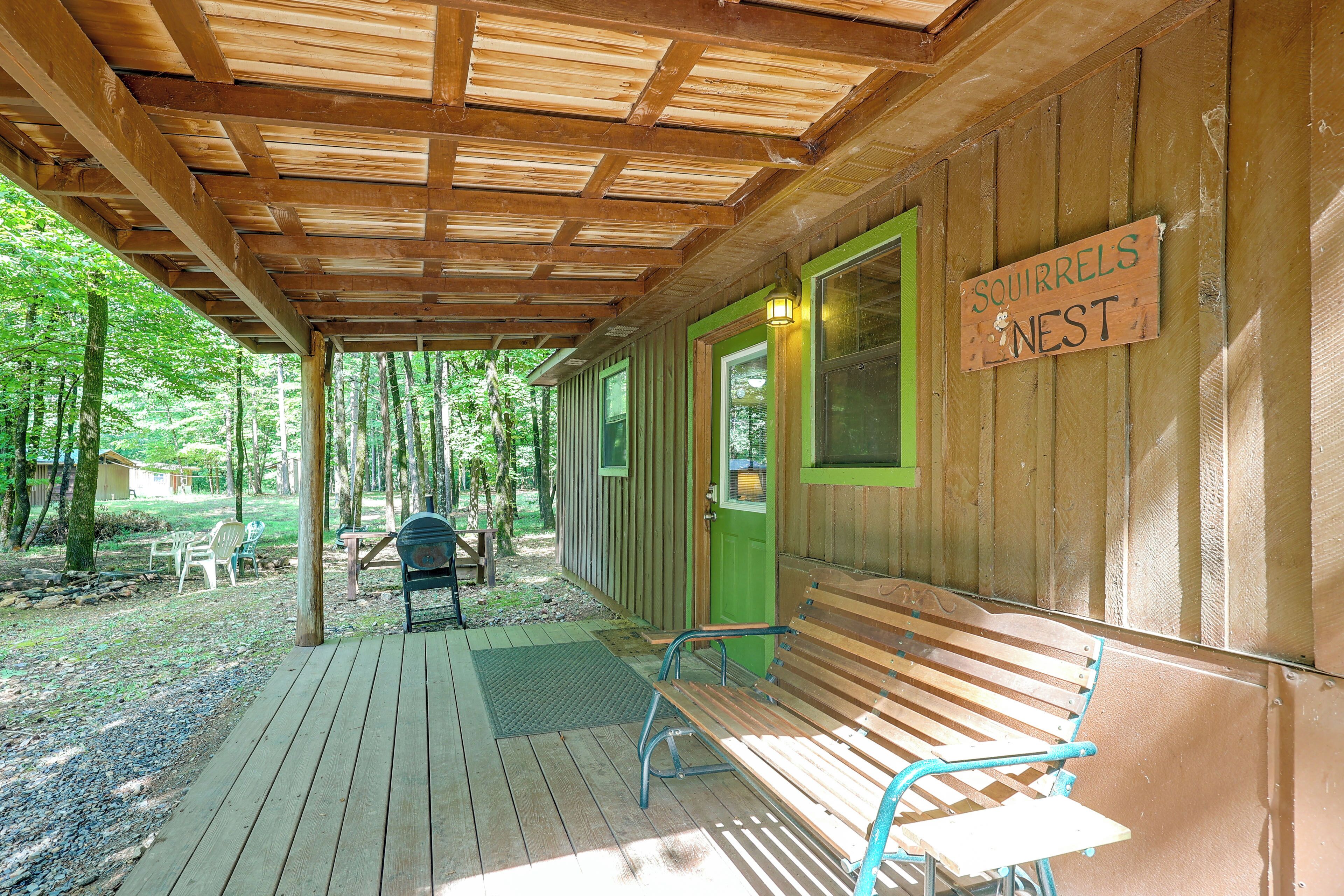 A wooden cabin with a covered porch, a sign reading 'SQUIRRELS NEST,' and a bench.