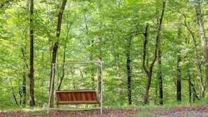 A swing set in a forested area with a gravel path.