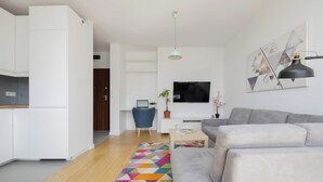 Een moderne woonkamer met een grijze bank, een salontafel, een televisie en een kleurrijk geometrisch vloerkleed.