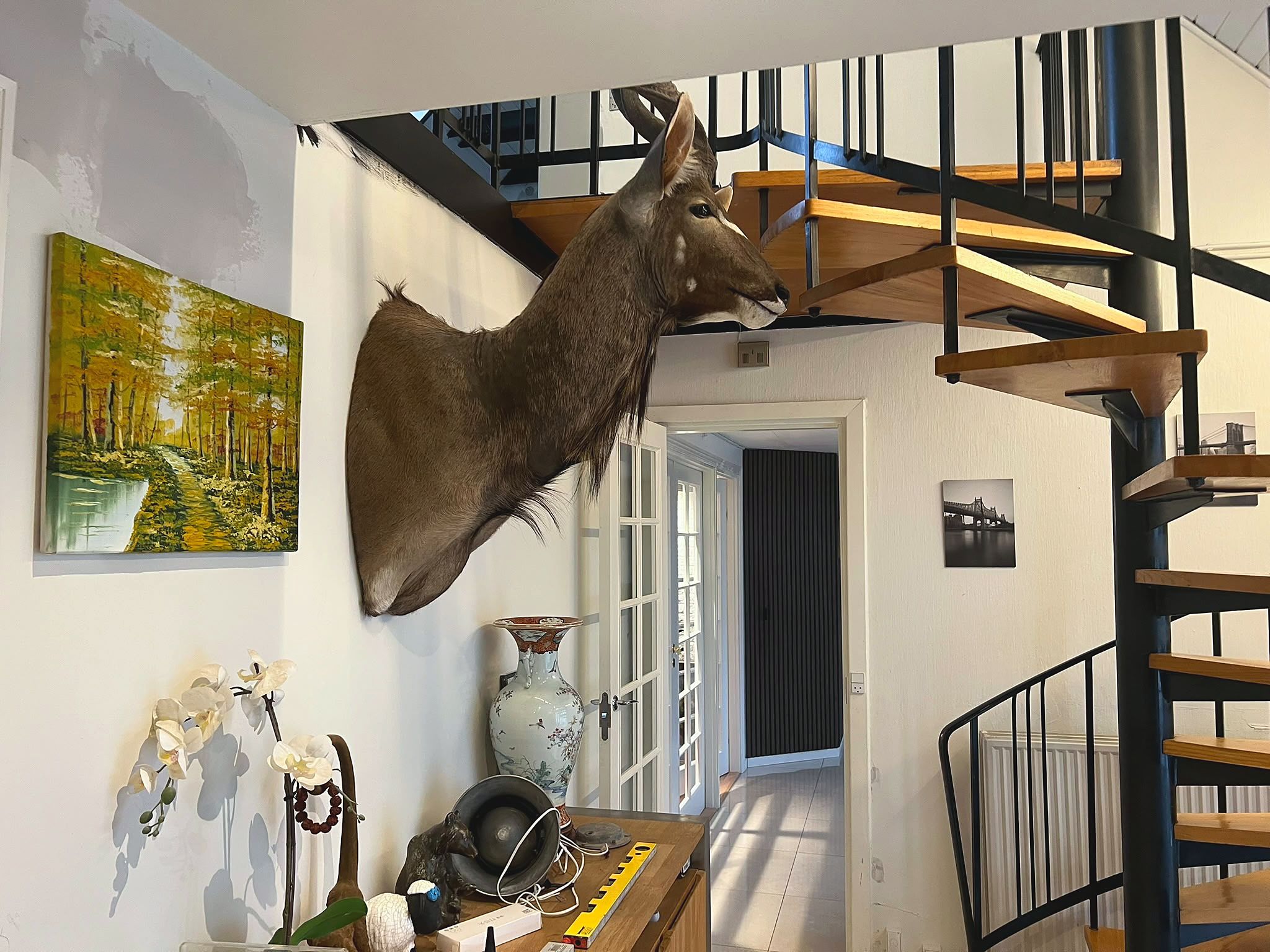 Une pièce décorée d’une tête de cerf fixée au mur, d’un tableau représentant une forêt, d’un vase et d’un escalier.