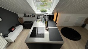 A modern kitchen with a central island, a window with a view, and a black rug.