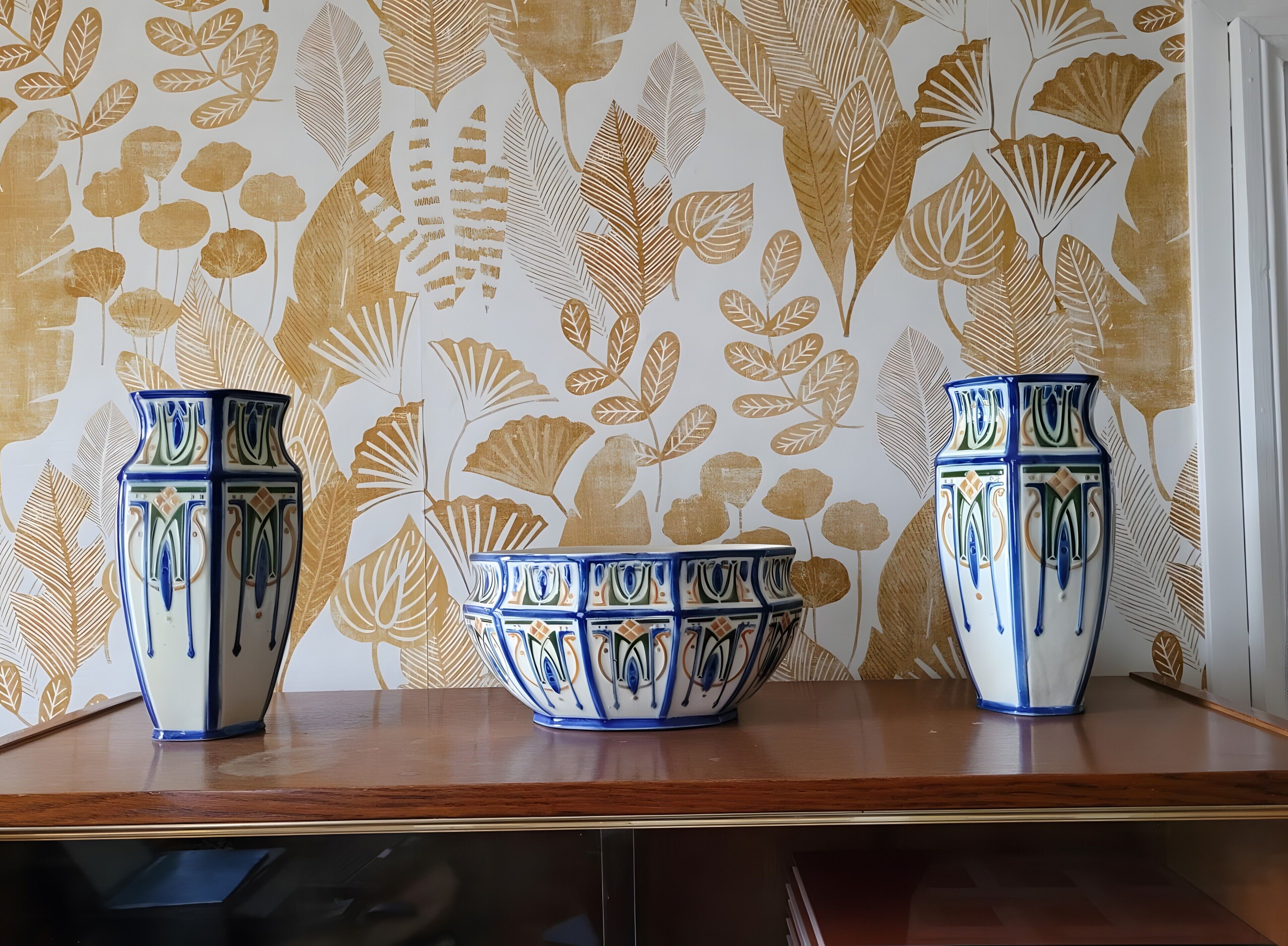 Three decorative vases on a wooden surface against a wall with a leaf pattern.