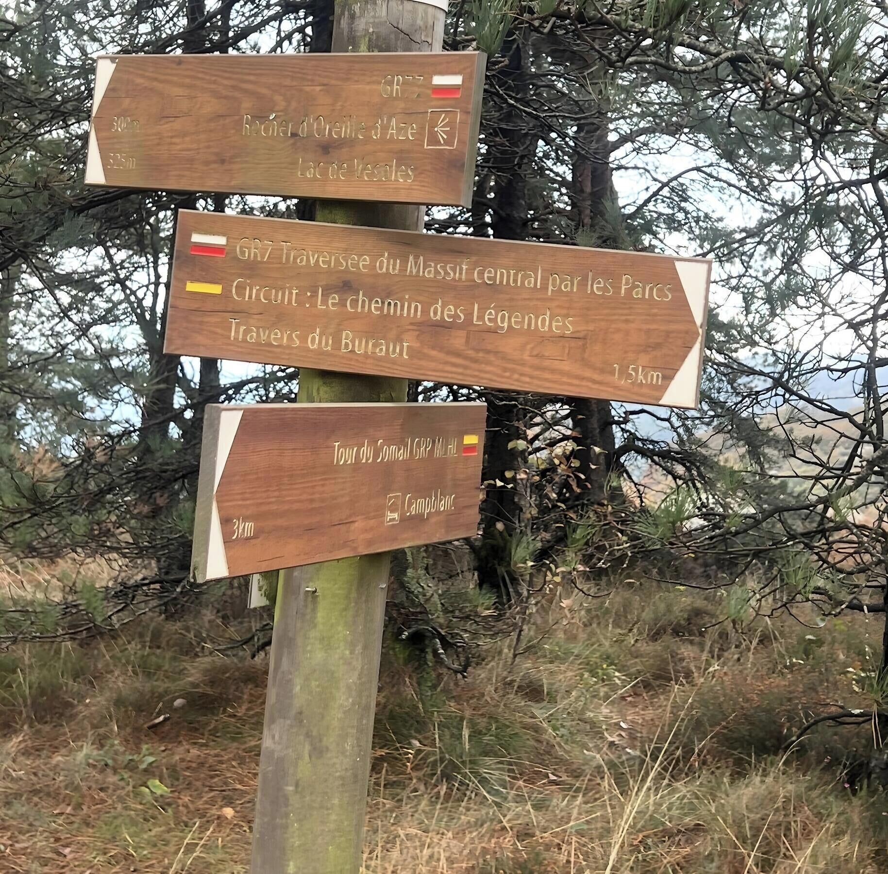 A wooden signpost with directional information for hiking trails.