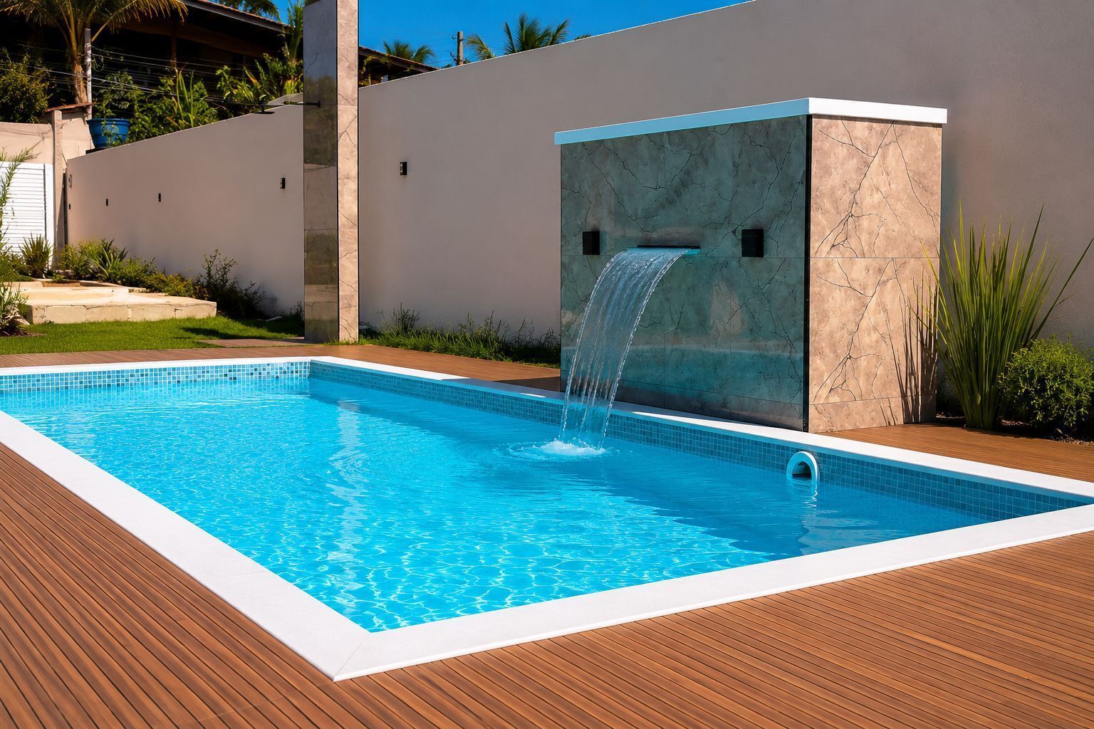 A rectangular swimming pool with a waterfall feature, surrounded by a wooden deck and a low wall.