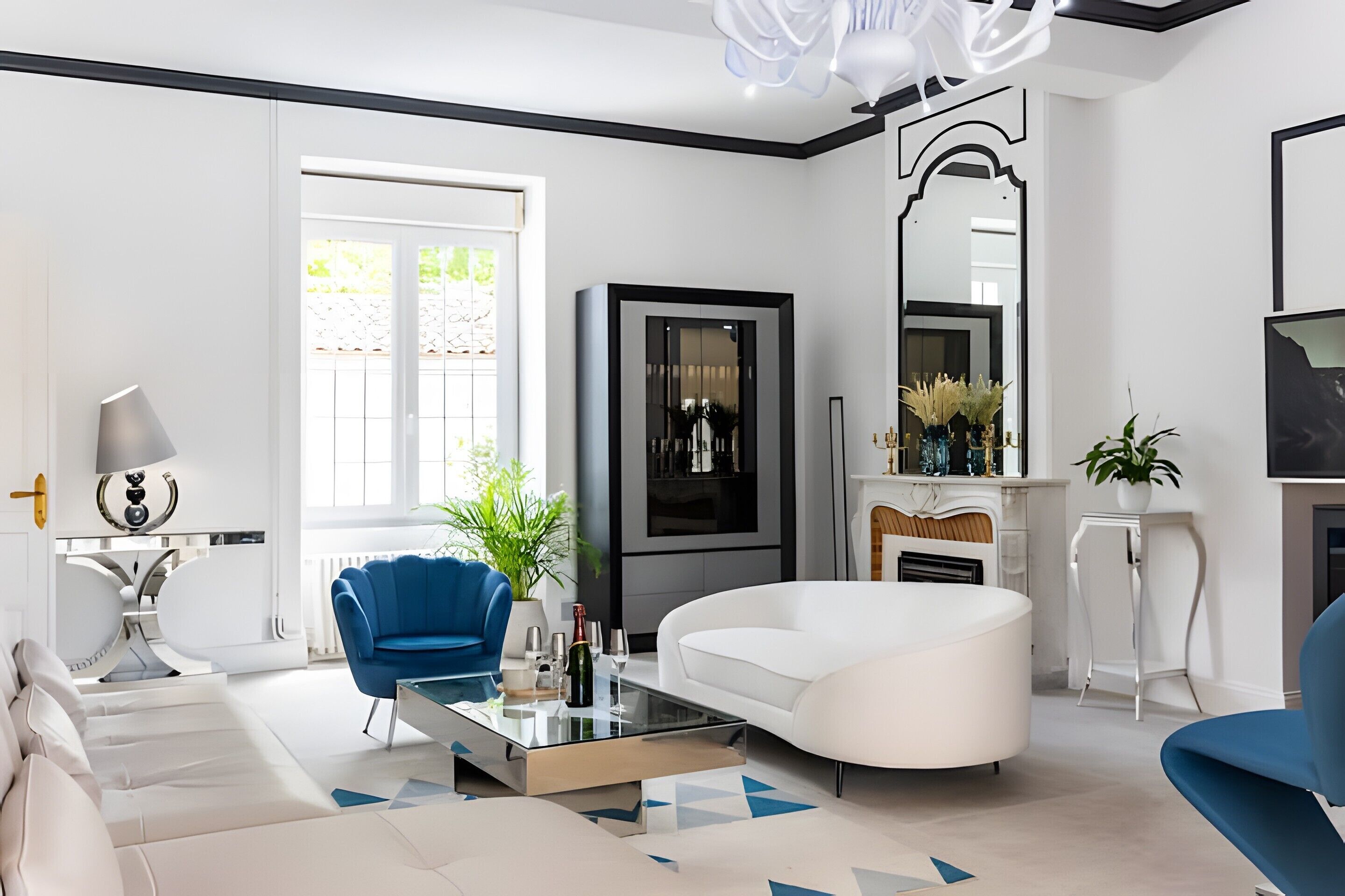 A modern living room with a white sofa, blue armchair, and a glass coffee table.