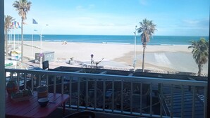 Vista a la playa desde un balcón, con palmeras, cielo despejado y una playa arenosa.