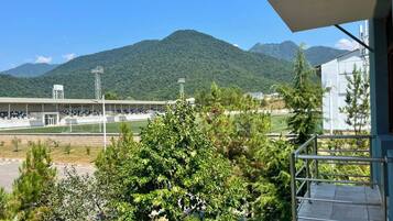 Un balcón con vistas a un estadio y montañas.