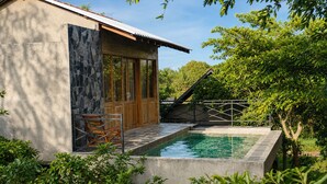 A modern house with a swimming pool, wooden deck, and lush greenery. - J Villa Sigiriya - Private Pool Chalets (sigiriya)
