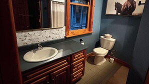 A bathroom with a sink, vanity, mirror, window, toilet, and a framed picture on the wall. - Ranch Retreat Rental (Hantsport)