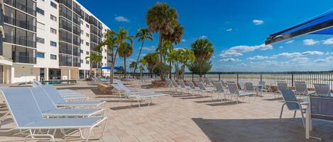 A rooftop pool area with sun loungers and palm trees.