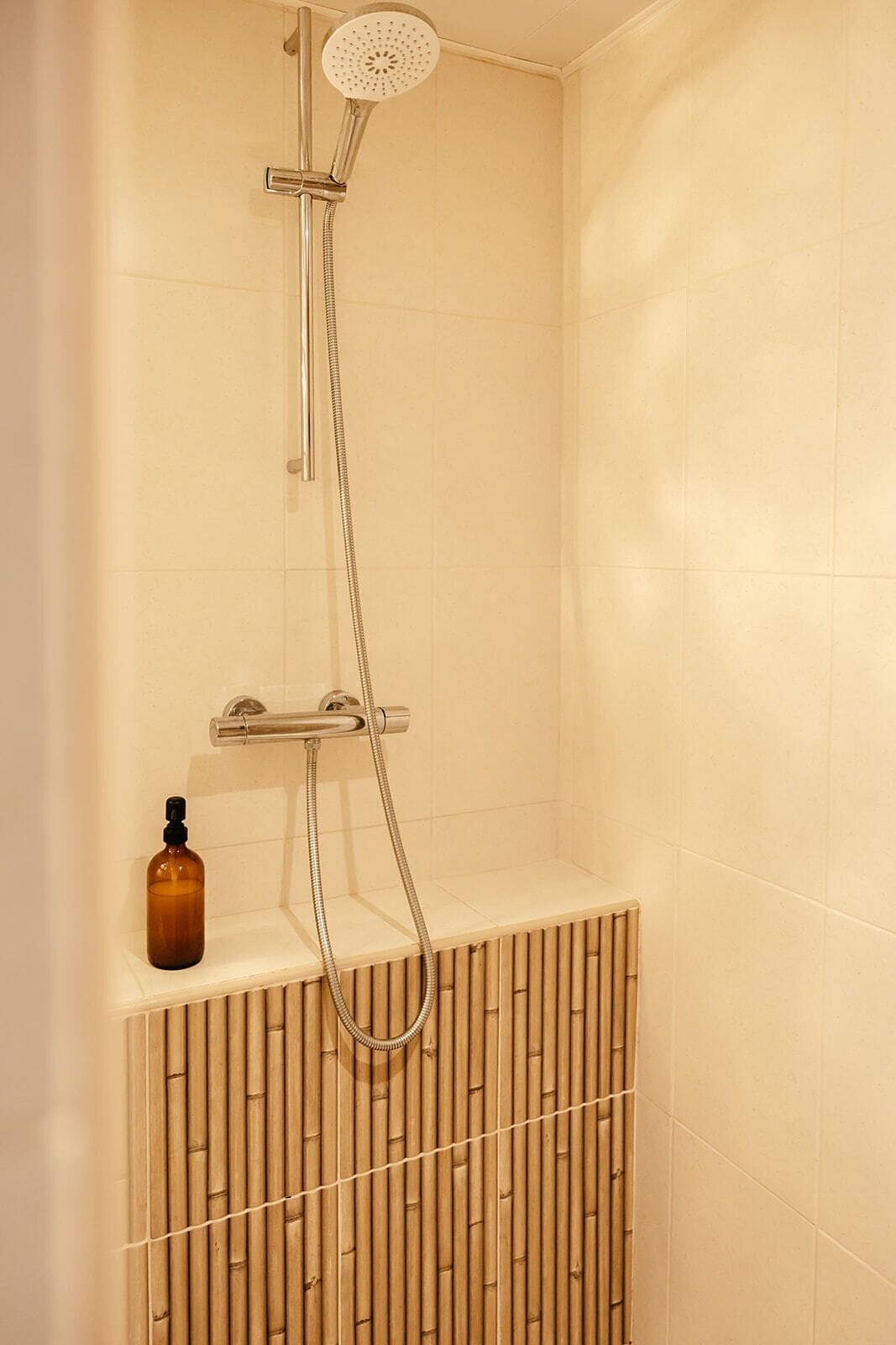 Une douche équipée d’un pommeau de douche à main et de commandes murales.