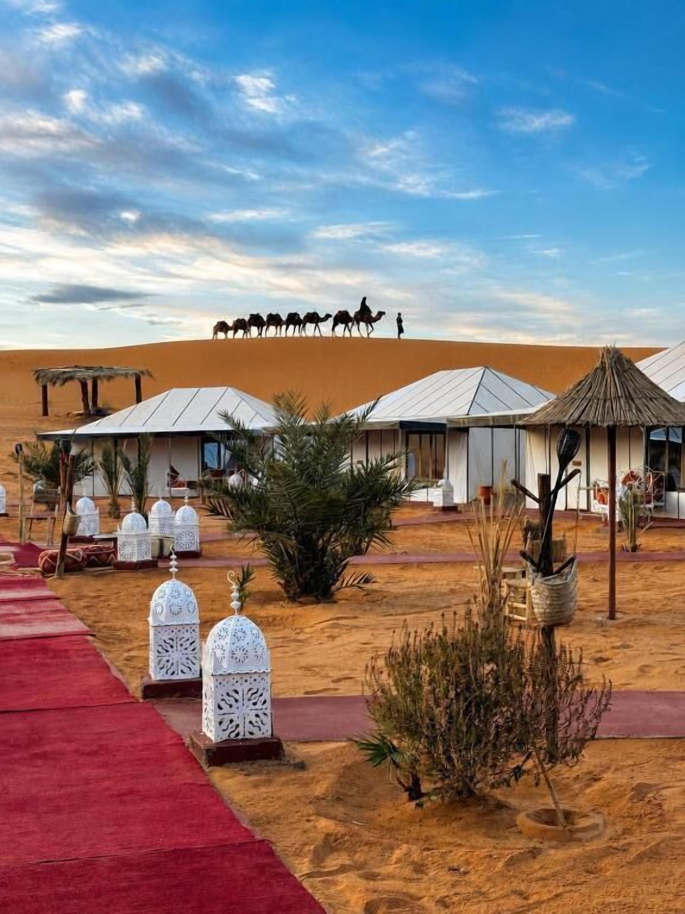 Un resort en el desierto con tiendas de campaña y un camino alfombrado en rojo.