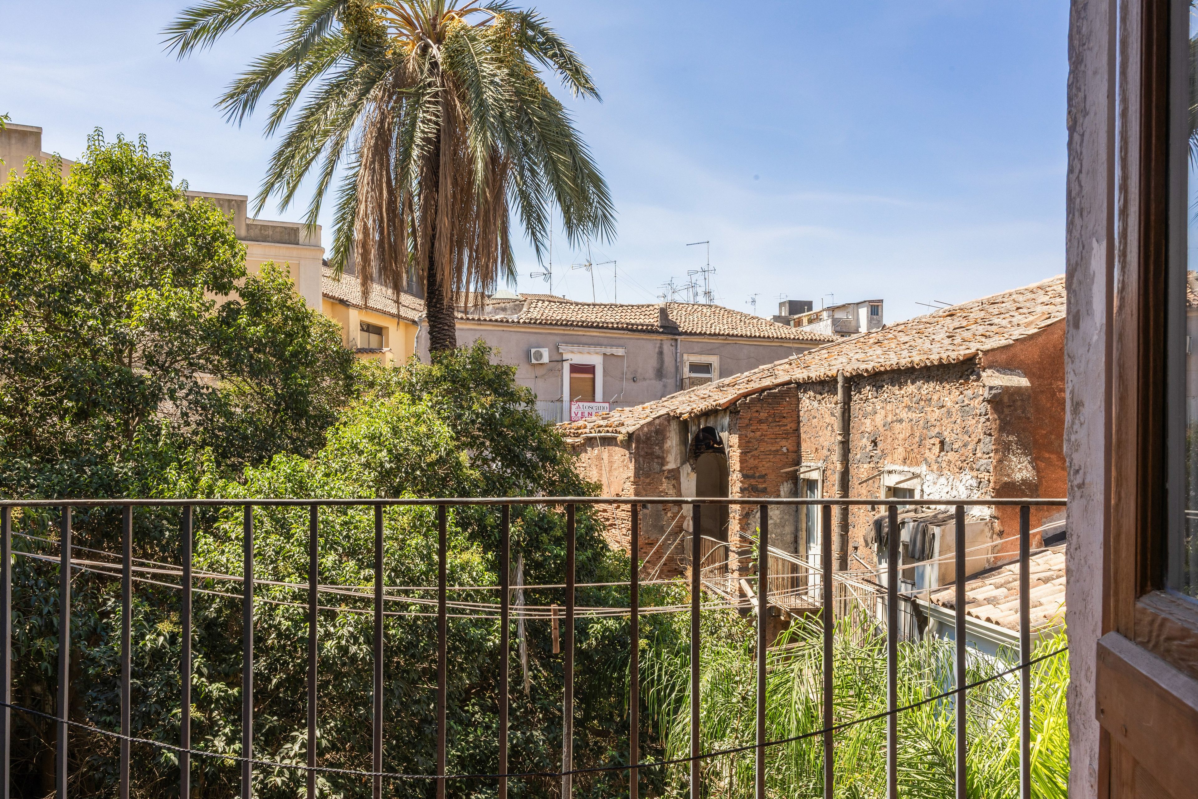 A view of a traditional building with a tiled roof, surrounded by lush greenery and a palm tree.